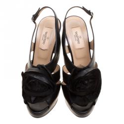 Pre Owned Valentino Black Leather Rose Embellished Cut Out Slingback Sandals Size 37.5