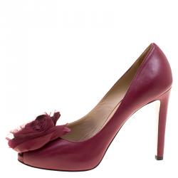 Pre Owned Valentino Burgundy Leather Rose Embellished Peep Toe Platform Pumps Size 37.5