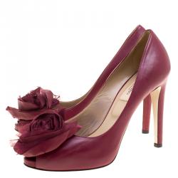 Pre Owned Valentino Burgundy Leather Rose Embellished Peep Toe Platform Pumps Size 37.5