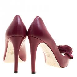 Pre Owned Valentino Burgundy Leather Rose Embellished Peep Toe Platform Pumps Size 37.5