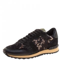 Pre Owned Valentino Black Suede and Macramé Lace Rockrunner Sneakers Size 38