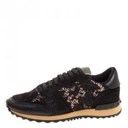 Pre Owned Valentino Black Suede and Macramé Lace Rockrunner Sneakers Size 38