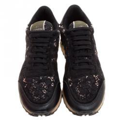 Pre Owned Valentino Black Suede and Macramé Lace Rockrunner Sneakers Size 38
