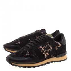 Pre Owned Valentino Black Suede and Macramé Lace Rockrunner Sneakers Size 38