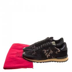 Pre Owned Valentino Black Suede and Macramé Lace Rockrunner Sneakers Size 38