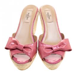 Pre Owned Valentino Pink Patent Leather Mena Espadrille Wedge Sandals Size 38.5
