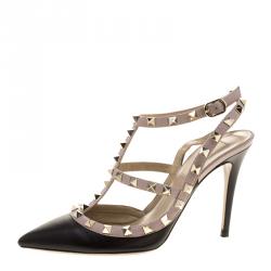 Pre Owned Valentino Black and Beige Leather Rockstud Sandals Size 38