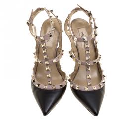 Pre Owned Valentino Black and Beige Leather Rockstud Sandals Size 38