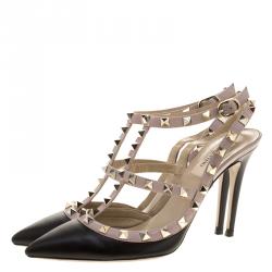Pre Owned Valentino Black and Beige Leather Rockstud Sandals Size 38