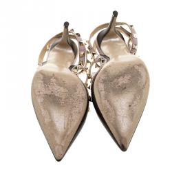 Pre Owned Valentino Black and Beige Leather Rockstud Sandals Size 38