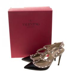 Pre Owned Valentino Black and Beige Leather Rockstud Sandals Size 38