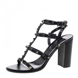 Pre Owned Valentino Black Leather Rolling Rockstud Gladiator Sandals Size 38