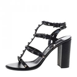 Pre Owned Valentino Black Leather Rolling Rockstud Gladiator Sandals Size 38