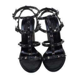 Pre Owned Valentino Black Leather Rolling Rockstud Gladiator Sandals Size 38
