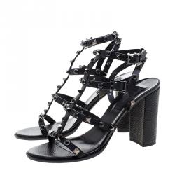 Pre Owned Valentino Black Leather Rolling Rockstud Gladiator Sandals Size 38