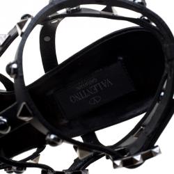 Pre Owned Valentino Black Leather Rolling Rockstud Gladiator Sandals Size 38