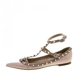 Pre Owned Valentino Blush Pink Patent Leather T Strap Rockstud Pointed Toe Ballet Flats Size 39