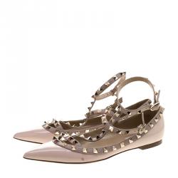 Pre Owned Valentino Blush Pink Patent Leather T Strap Rockstud Pointed Toe Ballet Flats Size 39