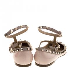 Pre Owned Valentino Blush Pink Patent Leather T Strap Rockstud Pointed Toe Ballet Flats Size 39