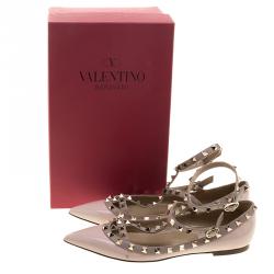 Pre Owned Valentino Blush Pink Patent Leather T Strap Rockstud Pointed Toe Ballet Flats Size 39