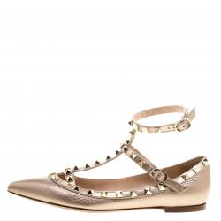 Pre Owned Valentino Beige Leather T Strap Rockstud Ballet Flats Size 36