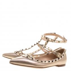 Pre Owned Valentino Beige Leather T Strap Rockstud Ballet Flats Size 36