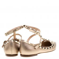 Pre Owned Valentino Beige Leather T Strap Rockstud Ballet Flats Size 36