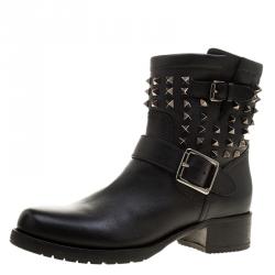 Pre Owned Valentino Black Leather Rockstud Biker Boots Size 39