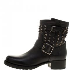 Pre Owned Valentino Black Leather Rockstud Biker Boots Size 39