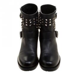 Pre Owned Valentino Black Leather Rockstud Biker Boots Size 39