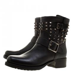 Pre Owned Valentino Black Leather Rockstud Biker Boots Size 39