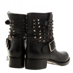 Pre Owned Valentino Black Leather Rockstud Biker Boots Size 39