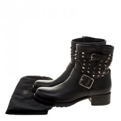 Pre Owned Valentino Black Leather Rockstud Biker Boots Size 39