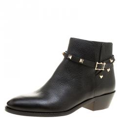 Pre Owned Valentino Black Leather Rockstud Ankle Boots Size 39