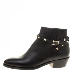 Pre Owned Valentino Black Leather Rockstud Ankle Boots Size 39