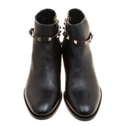 Pre Owned Valentino Black Leather Rockstud Ankle Boots Size 39