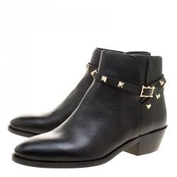Pre Owned Valentino Black Leather Rockstud Ankle Boots Size 39