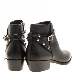 Pre Owned Valentino Black Leather Rockstud Ankle Boots Size 39