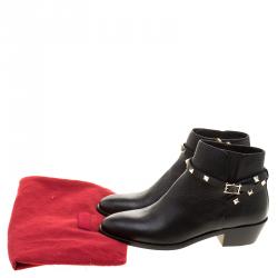 Pre Owned Valentino Black Leather Rockstud Ankle Boots Size 39