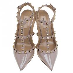Pre Owned Valentino Beige Patent Leather Rockstud Sandals Size 37