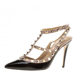 Pre Owned Valentino Black and Beige Patent Leather Rockstud Ankle Strap Sandals Size 37