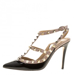 Pre Owned Valentino Black and Beige Patent Leather Rockstud Ankle Strap Sandals Size 37