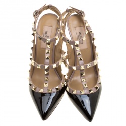Pre Owned Valentino Black and Beige Patent Leather Rockstud Ankle Strap Sandals Size 37