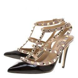 Pre Owned Valentino Black and Beige Patent Leather Rockstud Ankle Strap Sandals Size 37
