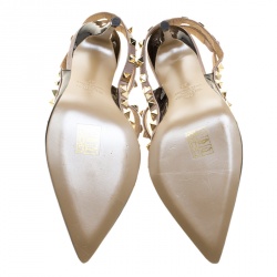 Pre Owned Valentino Black and Beige Patent Leather Rockstud Ankle Strap Sandals Size 37