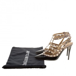 Pre Owned Valentino Black and Beige Patent Leather Rockstud Ankle Strap Sandals Size 37