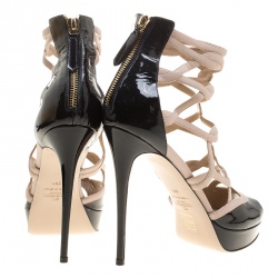 Pre Owned Valentino Black/Beige Leather Platform Sandals Size 39.5