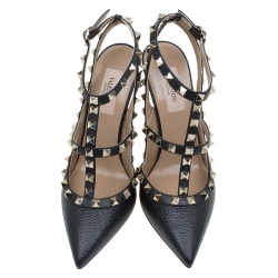 Pre Owned Valentino Black Leather Rockstud Sandals Size 39.5