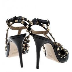 Pre Owned Valentino Black Leather Rockstud Sandals Size 39.5