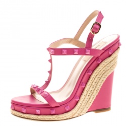 Pre Owned Valentino Pink Leather Rockstud T Strap Espadrille Wedges Size 38